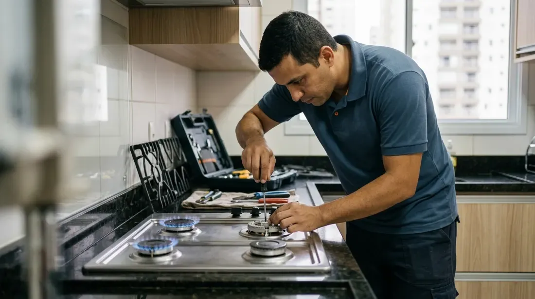 Técnico regulando queimador de fogão a gás